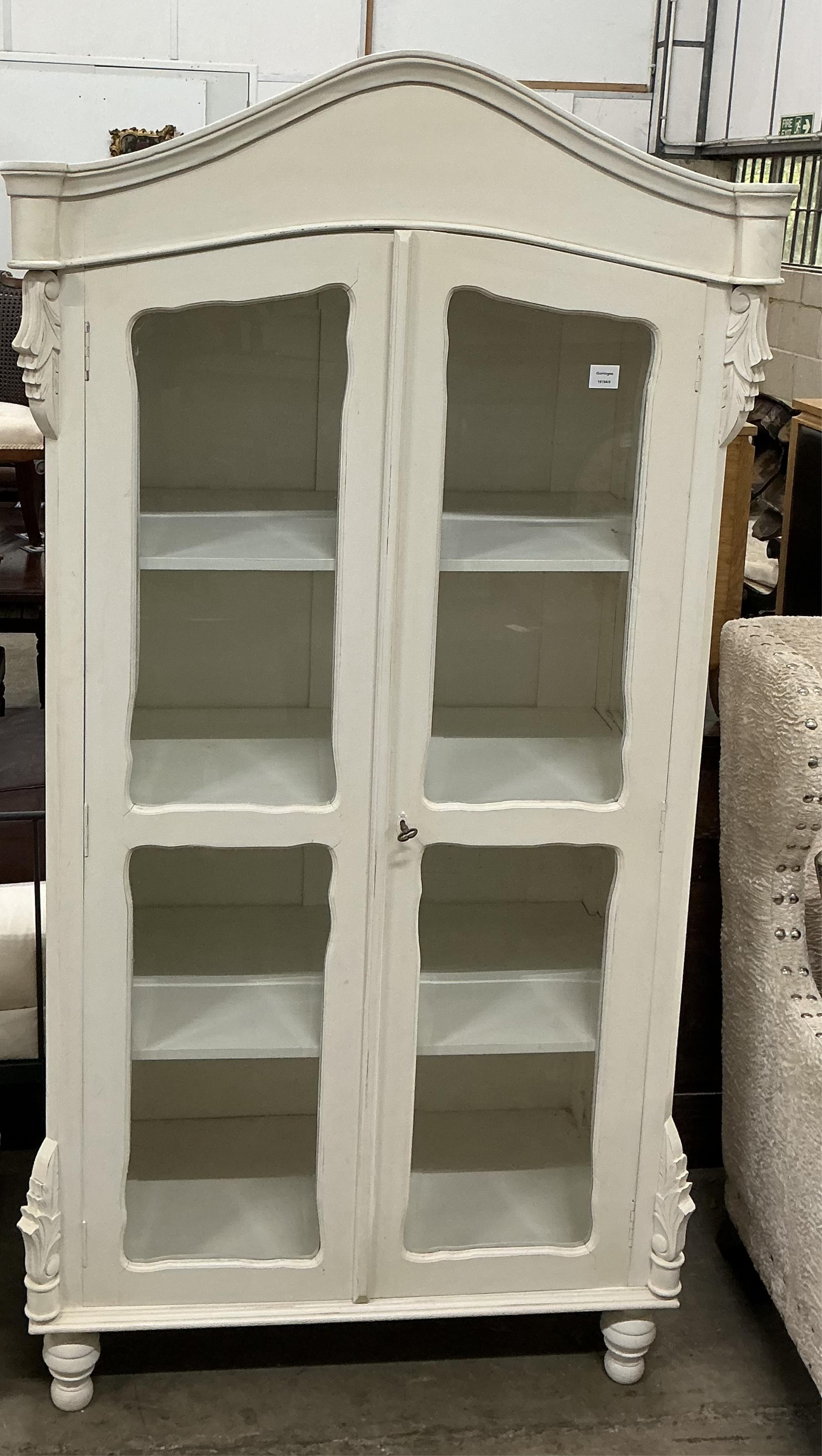 A pair of modern French Provincial style white painted two door glazed display cabinets, width 102cm, depth 54cm, height 185cm